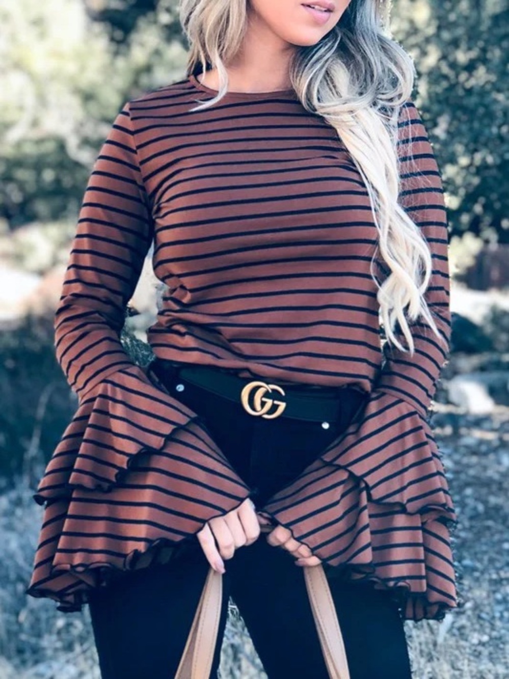 Striped Ruffle Sleeve Long-Sleeve Top - Brown/Black